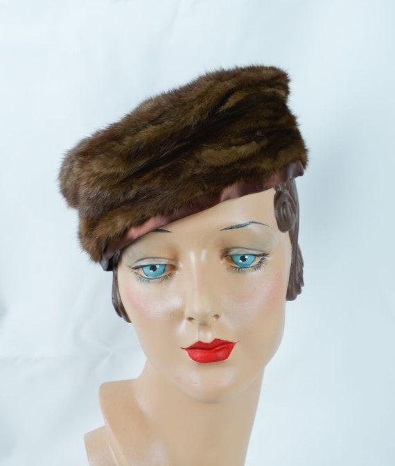 1960s Vintage Hat, Brown Mink Pillbox, Christine