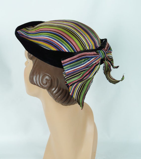 Vintage Hat, 1950s Hat, Multi Colored Stripe Beret