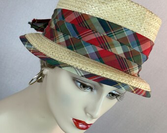 Vintage 1960s Lady Dobbs Natural Straw and Madras Fedora