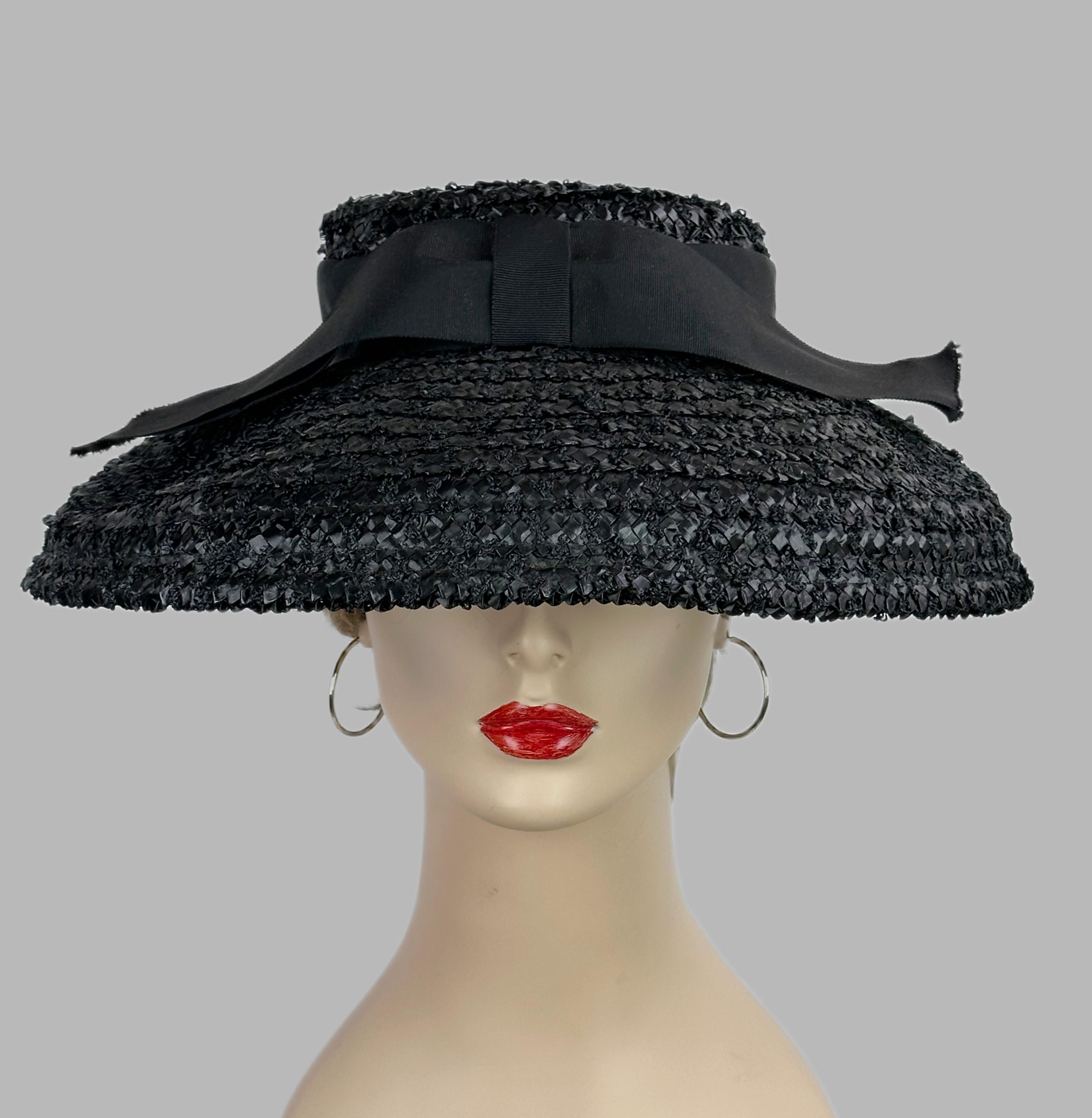 Vintage 1970s does 1950s Black Straw Wide Brim Summer Sun Hat (3 Available) Wide Brim Black Vintage Hats for Women for sale | eBay main image 3