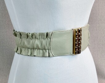 Vintage Tan Leather Ruched Belt, Wide Stretch Belt