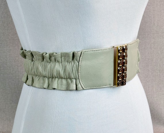 Vintage Tan Leather Ruched Belt, Wide Stretch Belt - image 1