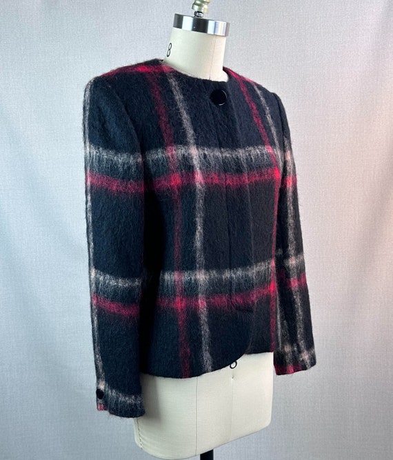 Vtg Black and Red Mohair Plaid Jacket by Herbert … - image 3