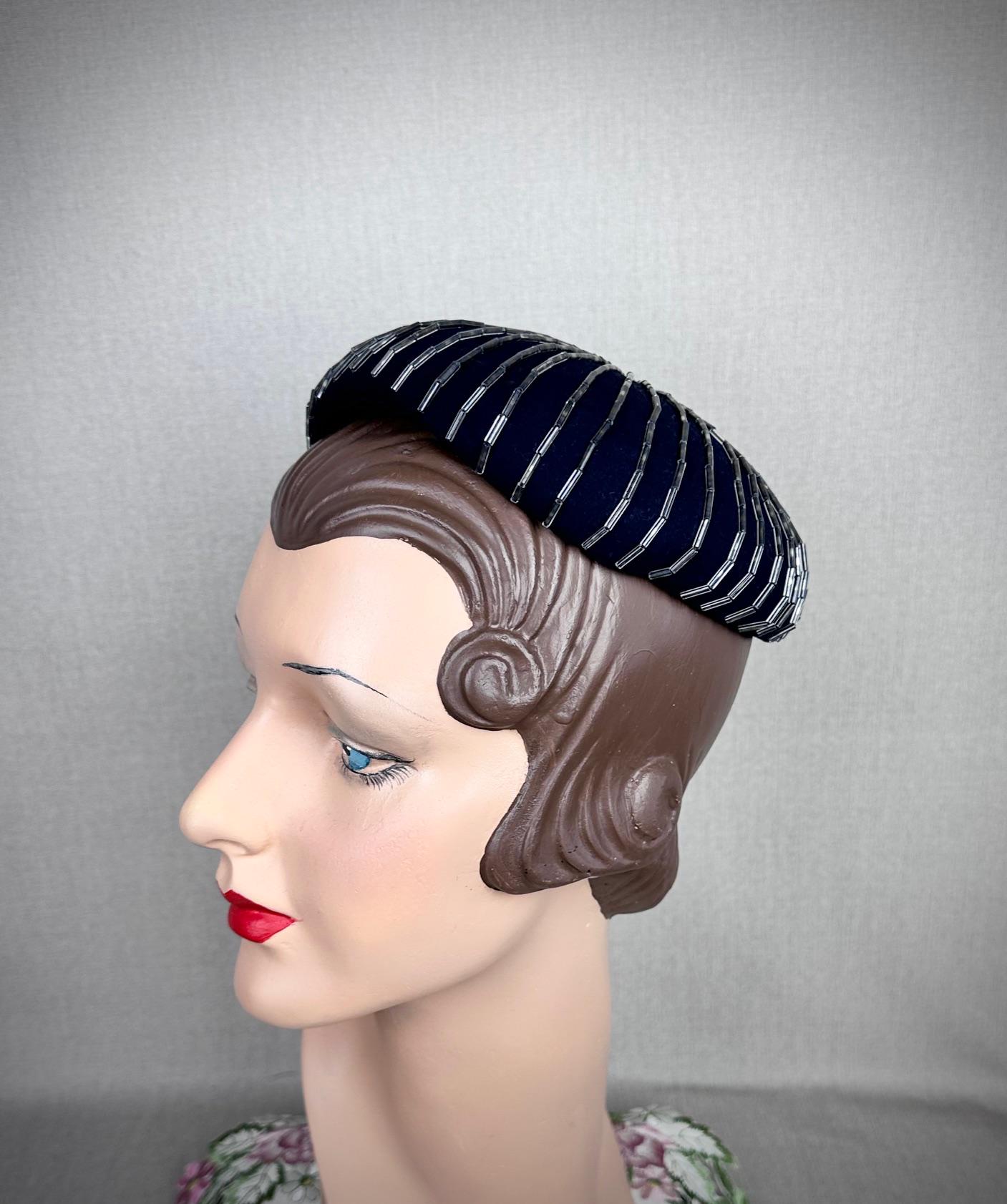 Vintage 1950s Navy Blue Close Hat with Clear Beading