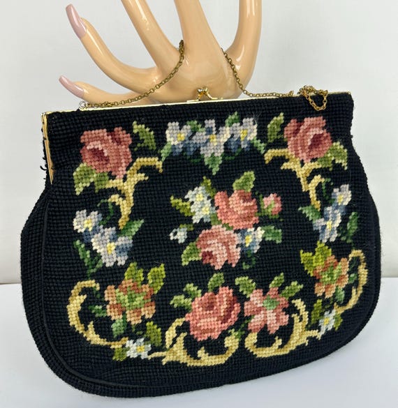 Vintage Needlepoint Handbag, Colorful Floral Design