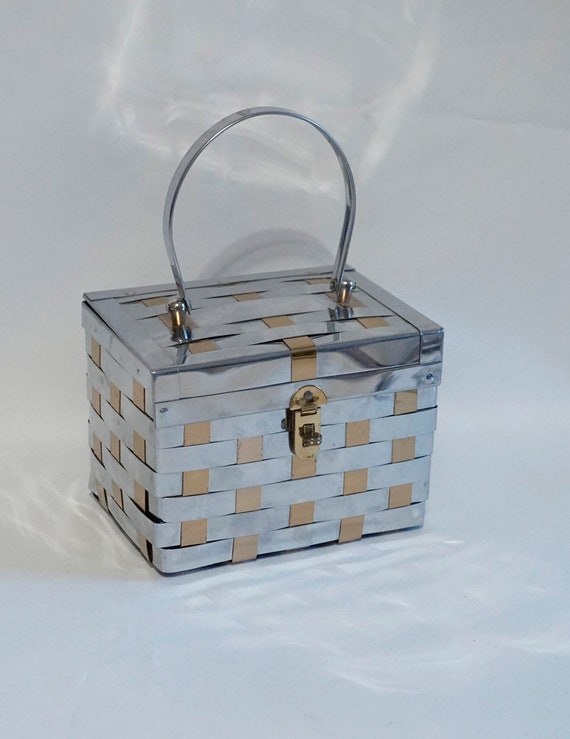 Vtg Metal Box Handbag, 1950s Handbag, Silver and G