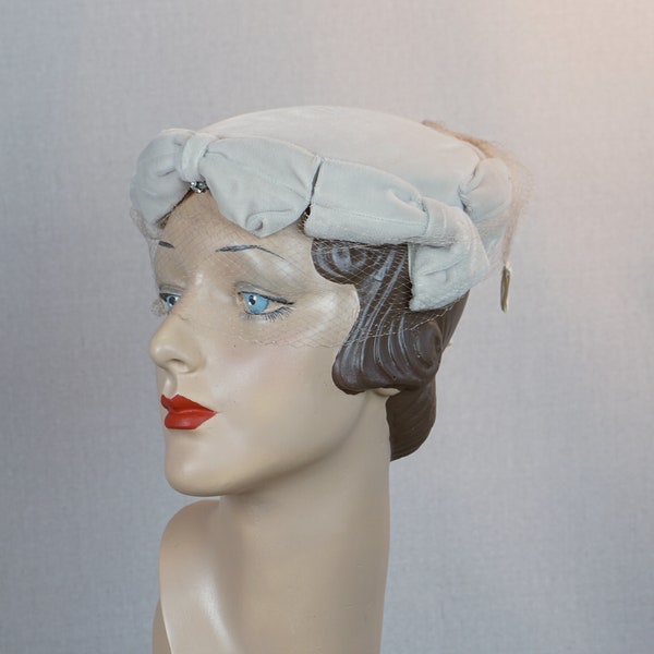 60s Beige Velour Veiled Calot Hat by Louise