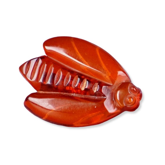 Vtg Red - Orange Clear Carved Plastic Cicada Brooc