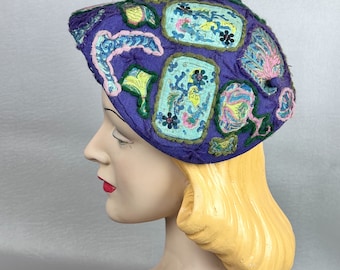 Vintage 50s Purple Patchwork Cap Hat by Sally Victor