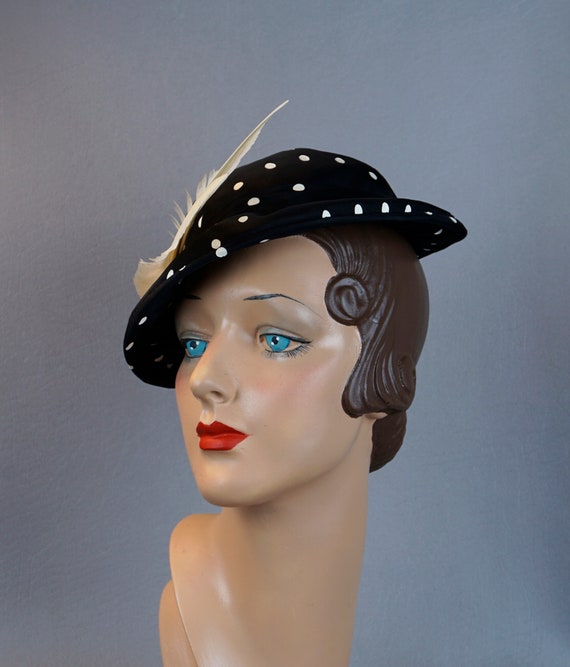 1950s Black and White Polka Dot Feathered Derby H… - image 2