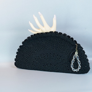 Vintage 50s Black Fan Shaped Crochet Clutch Bag