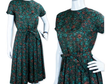 60s Green Floral Dress with Box Pleated Skirt, Sz 9