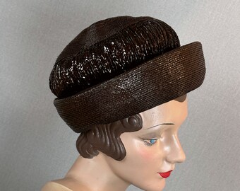 Vintage Dark Brown Cello Straw Deep Crown Hat, Narrow Upturned Brim by M'Sieu Leon