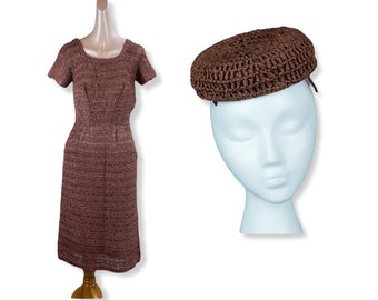 30s - 40s Brown Ribbon Dress with Matching Hat, B36 W25