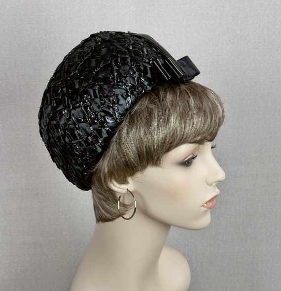Vintage 60s Black Cello Straw Pillbox Hat by G Ho… - image 1