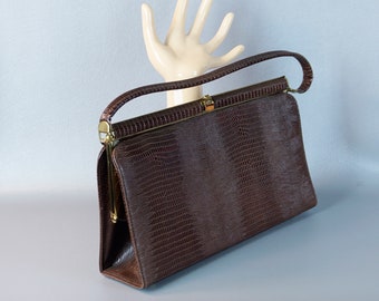 Vintage Handbag, Faux Reptile Handbag, Vegan Handbag, Faux Brown Lizard