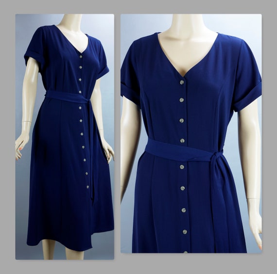 Vintage Dress, 80s Does 50s, Navy Blue Rayon Dress