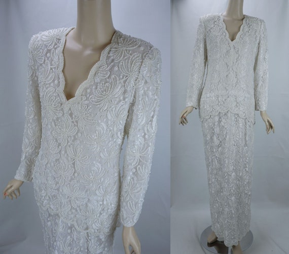 Pearl Evening Gown, White Beaded Formal Gown, Bead