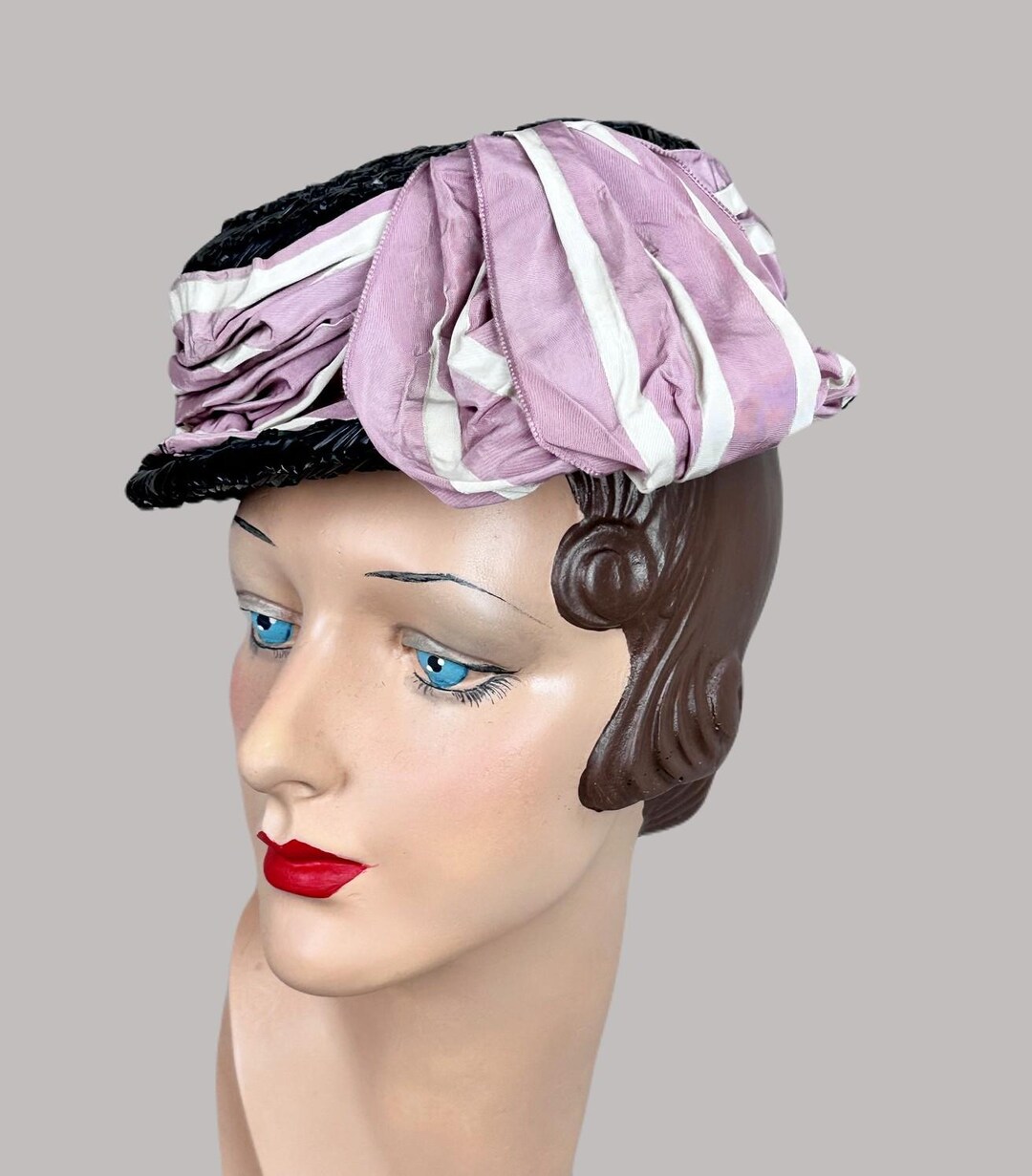 Vintage 40s Black Straw Tilt Boater Style Hat by Janine Lacroix