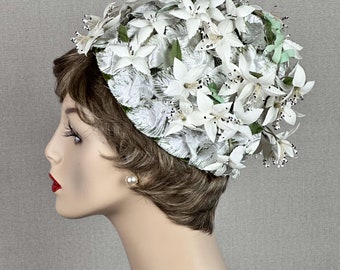 60s White Flowered Beehive Hat by Lisbeth