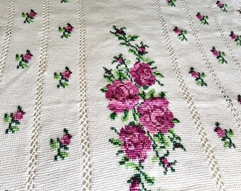 Vintage Handmade Crochet Cross Stitch Throw, Ivory with Lilac Roses