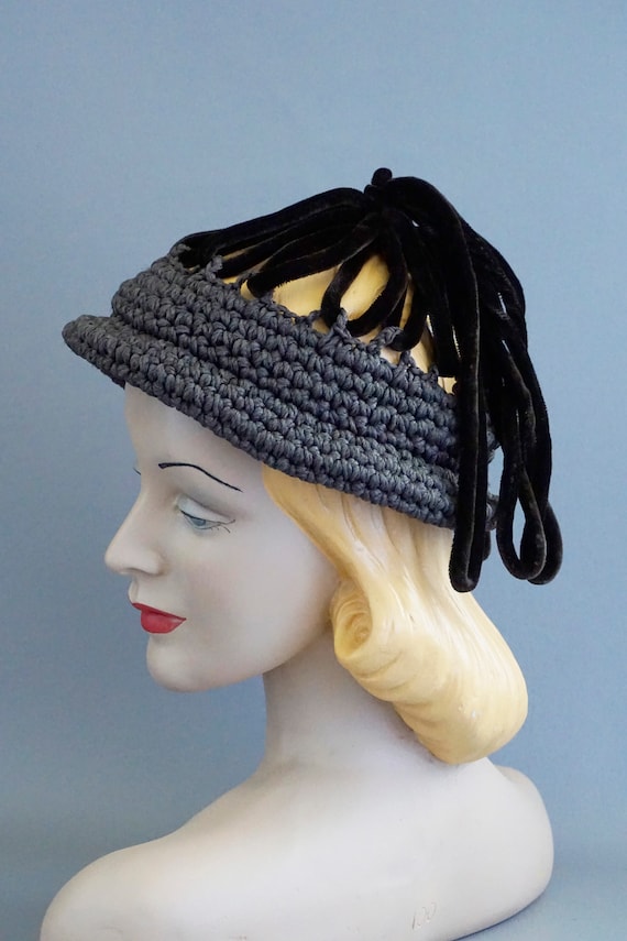 40s Grey Crochet Hat with Brown Velvet Loops by A… - image 1