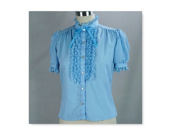 80s Sky Blue Lace Short Sleeve Button Front Blouse by Brian Michele, Sz 32