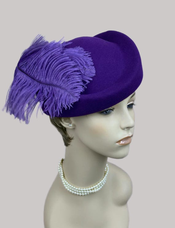 Vintage 90s Purple Asymmetrical Ostrich Feather Hat by Mr Charles
