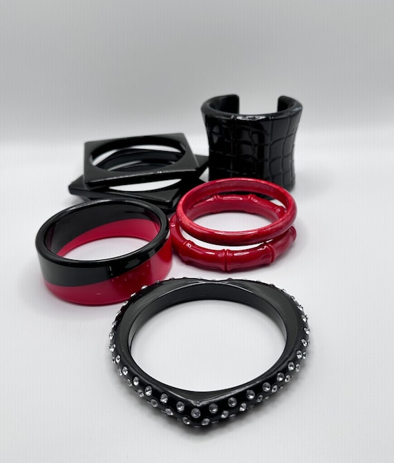 Vintage Red & Black Plastic Bangle Lot: Pono Cuff, Rhinestone