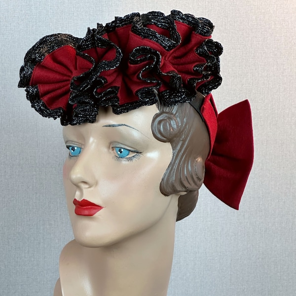 Vintage 1940s Dark Red Felt Ruffled Tilt Hat with Back Bow and Placement Band
