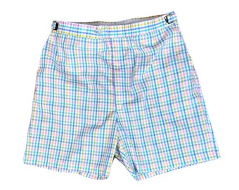 Vintage 70s Pink, Blue and Yellow Gingham Check Seersucker Bermuda Shorts by Higgins, Mens Sz 40, Made in USA