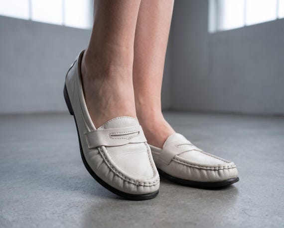 Vintage Antique White Leather Loafers in Original Box by SAS, Size 9 S