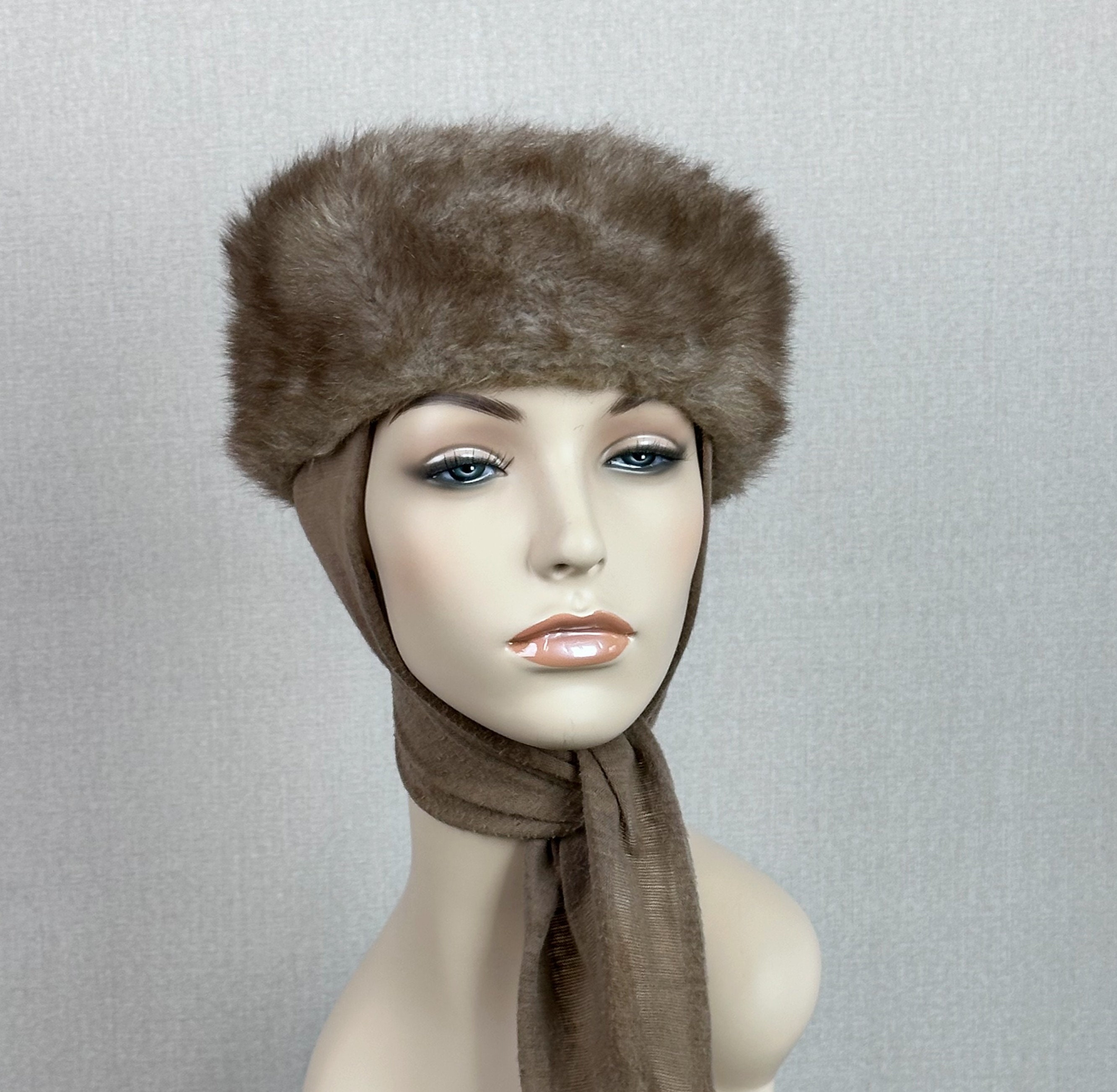 Vintage 90s Taupe Faux Fur and Knit Scarf Hat - Etsy display picture 2