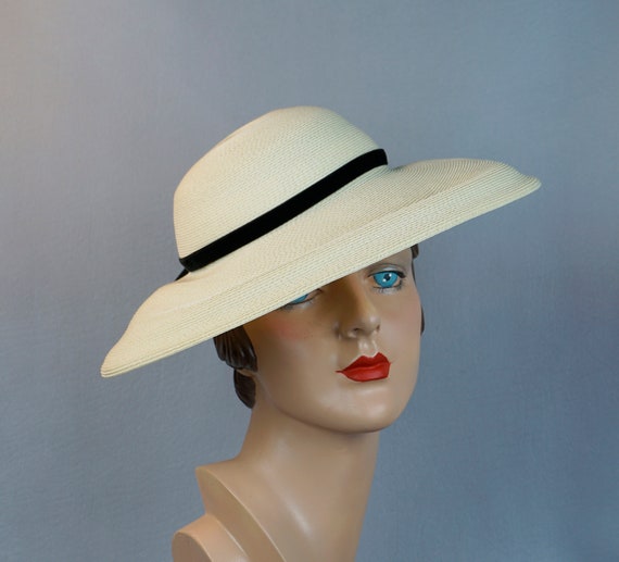 Vtg 50s Hat, Ivory Wide Brim Hat, Wide Mushroom Br