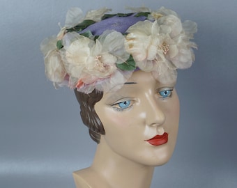 Vintage 1950s Lilac Straw Shallow Crown Pillbox Hat w/ Silk Florals