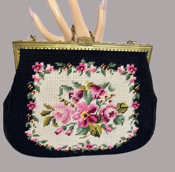 Vintage Needlepoint Handbag, Colorful Floral Design