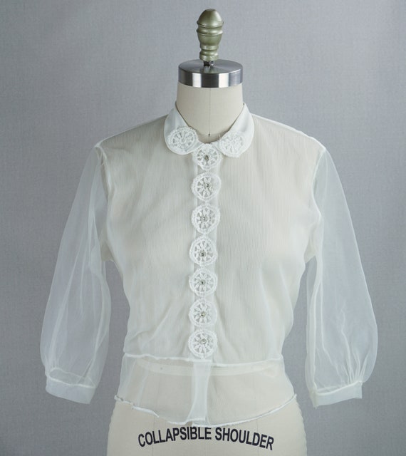 50s Sheer Nylon Suit Blouse w/ Rhinestone Buttons… - image 7