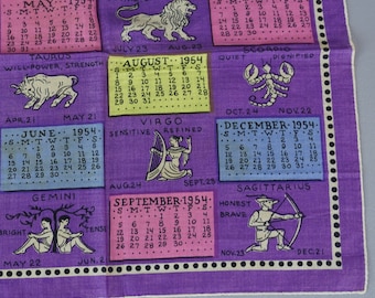 Vintage 1954 Purple Calendar Handkerchief, Horoscopes
