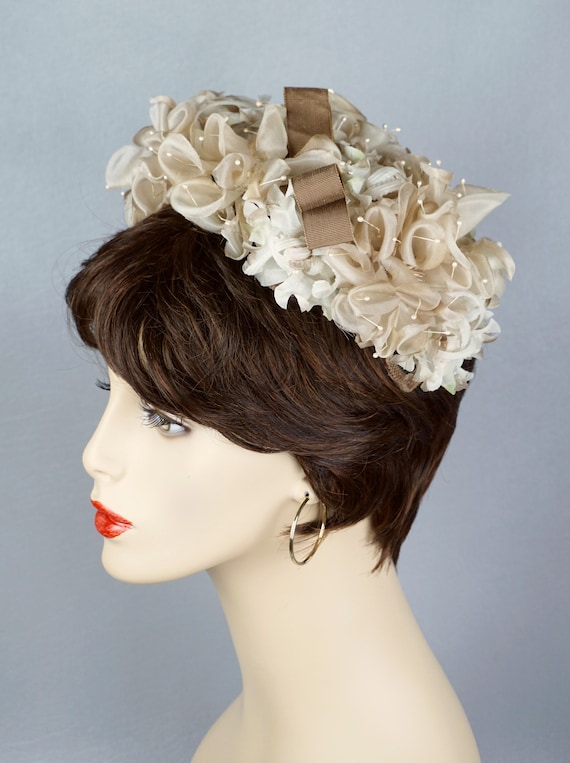 60s Taupe and Beige Silk Floral Clip Hat