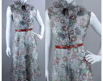 Vintage 40s - 50s Novelty Print Voile Sleeveless Dress by Lynbrook, Sz S