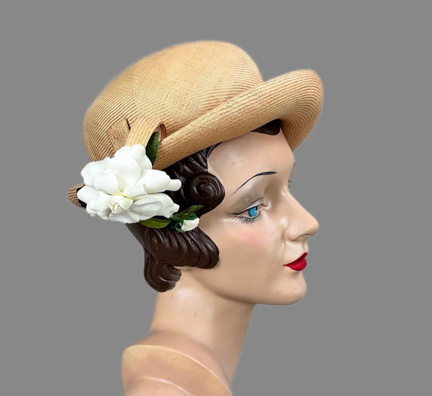 Vintage 80s Natural Curled Brim Straw Hat With Flower by  display picture 2