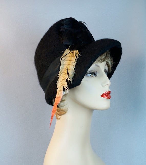 Vintage Hat, Black Faux Fur Bucket Style, 60s Feat
