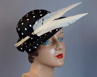 1950s Black and White Polka Dot Feathered Derby Hat, Sz 20