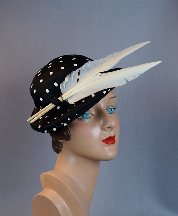 1950s Black and White Polka Dot Feathered Derby H… - image 1
