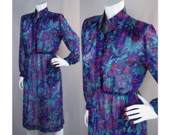 80s Teal and Purple Abstract Long Sleeve Dress by Willi, Sz 8, VFG