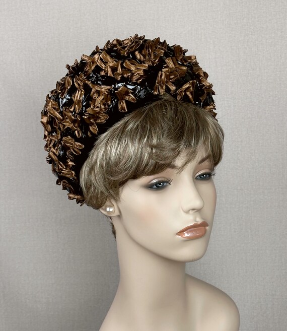 60s Bronze Raffia Straw Deep Crown Pillbox Hat by… - image 7