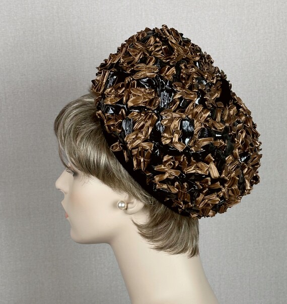 60s Bronze Raffia Straw Deep Crown Pillbox Hat by… - image 4