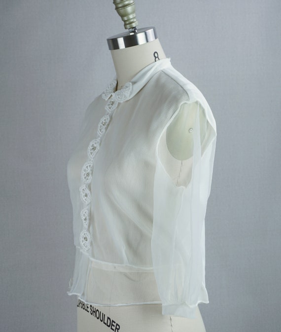 50s Sheer Nylon Suit Blouse w/ Rhinestone Buttons… - image 4