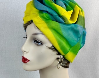 Vintage 70-tals neonblå, grön, gul skrynklad turbanhatt