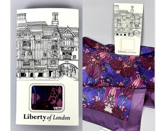Vintage Purple Abstract Floral Liberty of London Silk Scarf in Original Folder from Triminghams, Deadstock